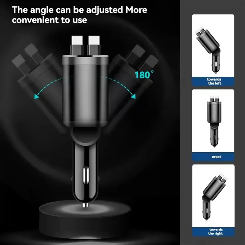 Retractable Car Charger 4 in 1 Fast Charging Car Charger Retractable Cable 2 type c Ports Car Charger Adapter for iphone 15 16