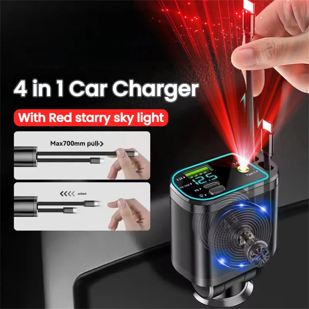 Retractable Car Charger 4 in 1 Fast Charging Car Charger Retractable Cable 2 type c Ports Car Charger Adapter for iphone 15 16