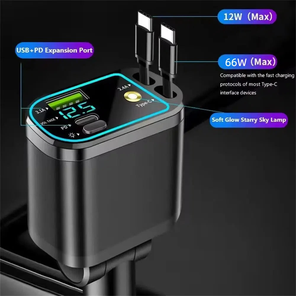 Retractable Car Charger 4 in 1 Fast Charging Car Charger Retractable Cable 2 type c Ports Car Charger Adapter for iphone 15 16