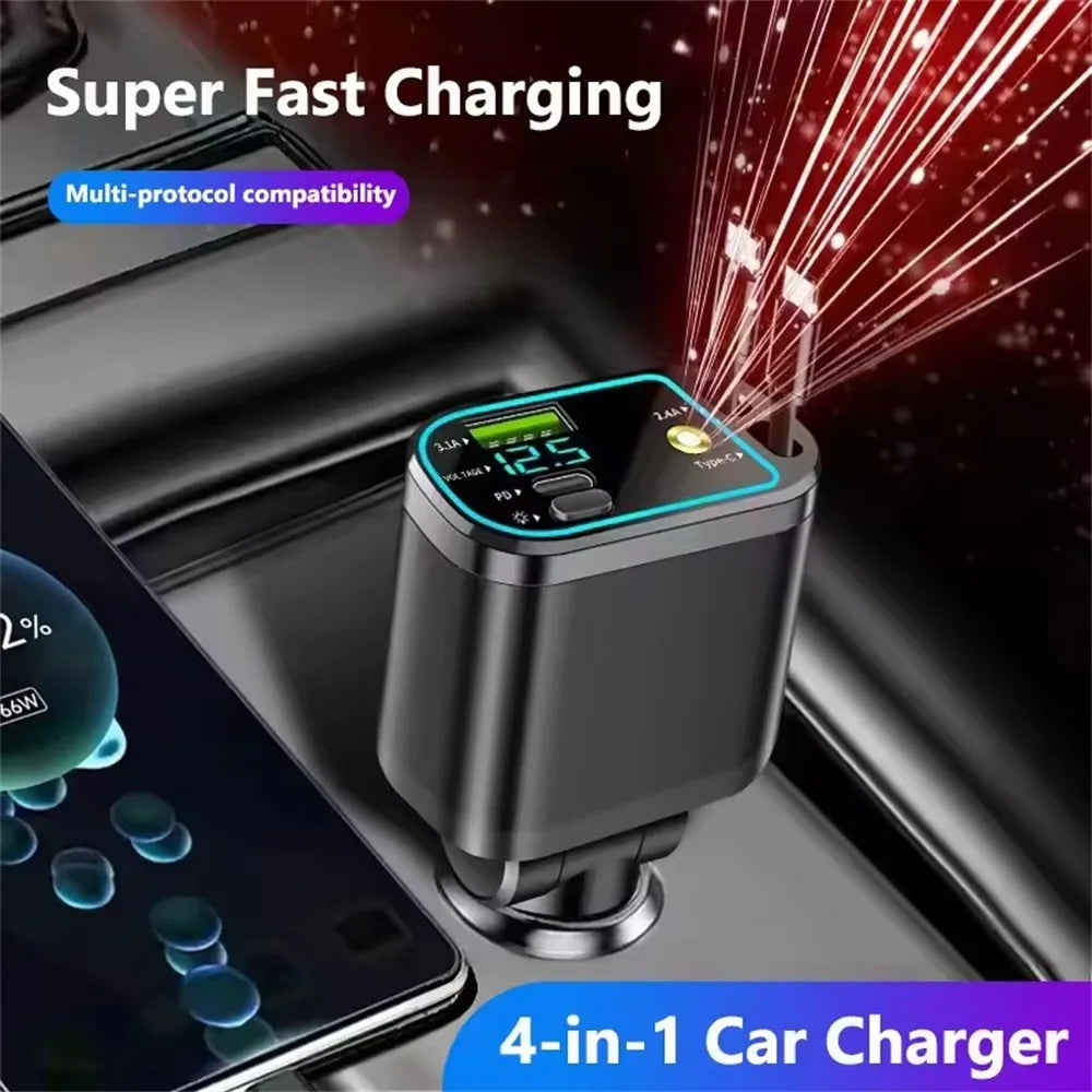 Retractable Car Charger 4 in 1 Fast Charging Car Charger Retractable Cable 2 type c Ports Car Charger Adapter for iphone 15 16