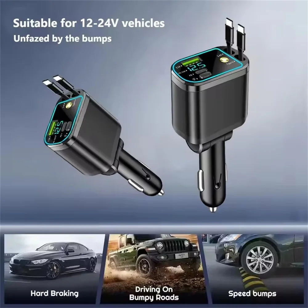 Retractable Car Charger 4 in 1 Fast Charging Car Charger Retractable Cable 2 type c Ports Car Charger Adapter for iphone 15 16
