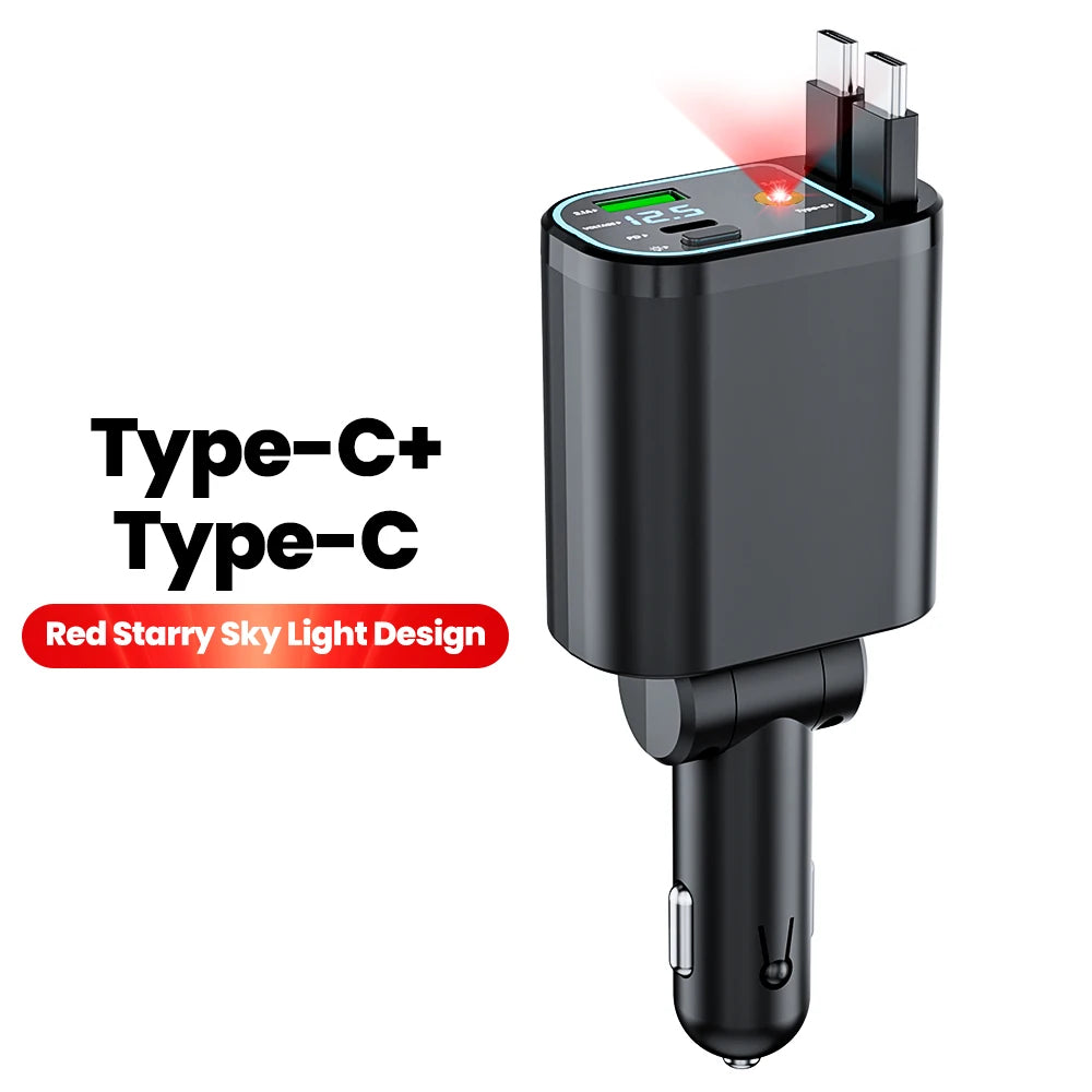 Retractable Car Charger 4 in 1 Fast Charging Car Charger Retractable Cable 2 type c Ports Car Charger Adapter for iphone 15 16