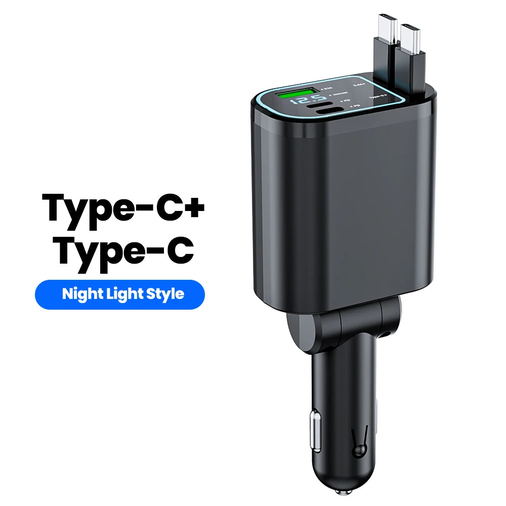 Retractable Car Charger 4 in 1 Fast Charging Car Charger Retractable Cable 2 type c Ports Car Charger Adapter for iphone 15 16