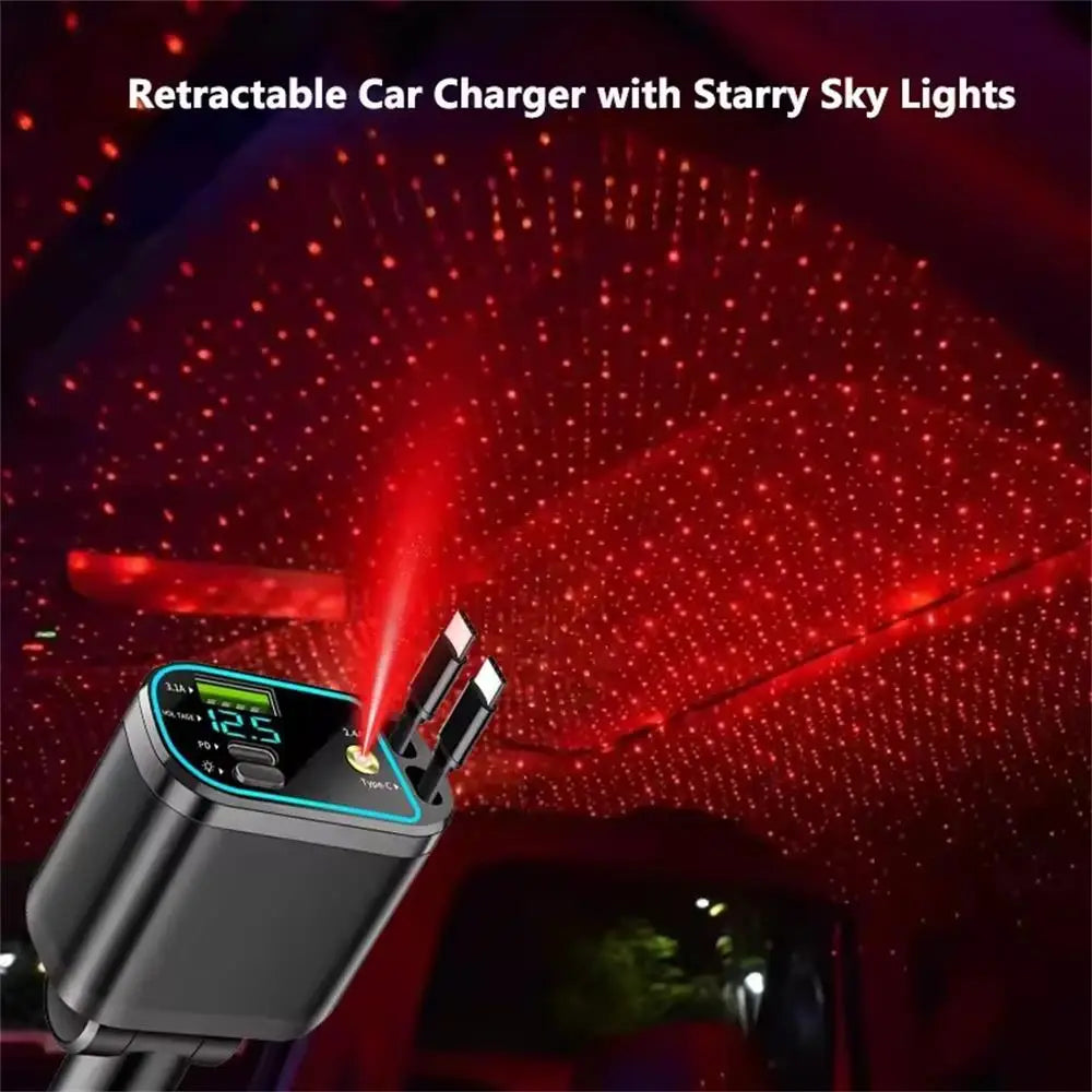 Retractable Car Charger 4 in 1 Fast Charging Car Charger Retractable Cable 2 type c Ports Car Charger Adapter for iphone 15 16